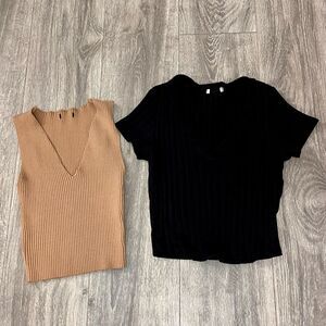 Set of 2 Ribbed Knit Cropped Tops – Tan & Black, Size Small